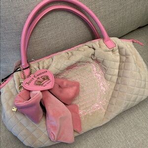 Juicy Couture Cream Quilted Satchel with Pink Trim & Bow Charm